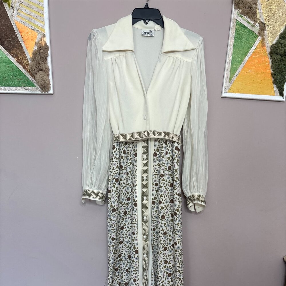 Vintage Alfred Shaheen 1970s boho belted maxi dress w/ sheer accordian sleeves